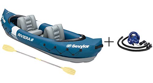 Sevylor Riviera Two-Person Canadian Inflatable Kayak with Paddle, Blow Up Kayak, Integrated Electric Air Pump, Pressure Gauge and Repair Set