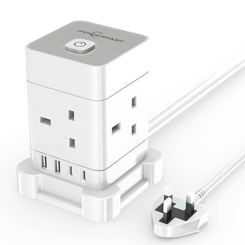 PowerFast 4 Way Multi Plug Extension Socket Power Strip Cube Extension Lead with USB Slots 2M USB Extension Cable 2 USB-C 2 USB-A Child Safety Surge Protected Extension Cord with Switch (White 2M)