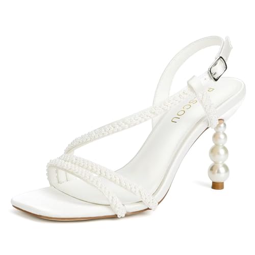 Pearl Heels Wedding Shoes for Bride Open Toe Bridal Shoes Strappy Heeled Sandals for Women