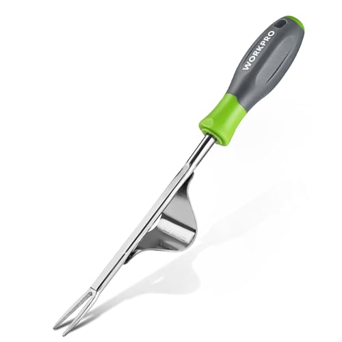 WORKPRO Weed Puller Tool, Metal Leverage Base and V-Shaped Forks for Easy Weed Removal & Deeper Root Digging, Heavy Duty Stainless Steel with Soft Han
