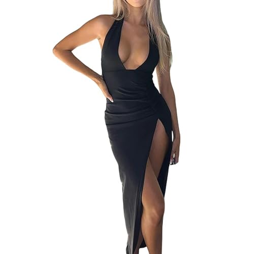 WEITING Damen Neckholder-Schnürkleid, langes Kleid, ärmellos, rückenfrei, hoher Schlitz, plissiert, Wickel-Partykleid, sexy Mädchen, Enge...