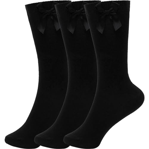 Girls Plain Knee High Socks With Ribbon Bow Pack of 3 Classic Comfortable Kids Cotton Socks for School Footwear