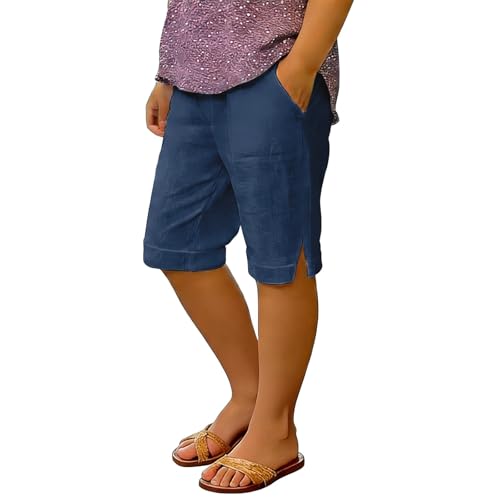 Pantalones cortos de algodón y lino para niñas, cintura elástica, color sólido, pierna recta, longitud hasta la rodilla, pantalones cortos de verano para niños de 4 a 14 años, azul marino, 10-11 años