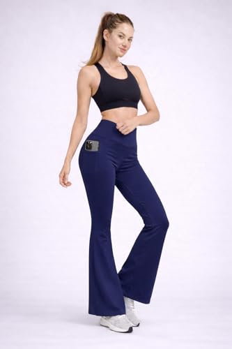 Image of Women's High Waist Bootcut Yoga Pants with Side Pockets | Flared Gym Leggings for Women | Stretchable Workout Bell Bottom Tights for Yoga, Gym, Running & Casual Wear Pack of 2