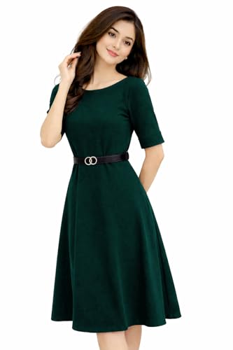 Image of Women's Elegant Midi Dress with Belt | Half Sleeve Fit & Flare Casual Dress | Knee Length Office Party Western Dress for Women