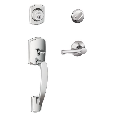 Image of Schlage Greenwich Single Cylinder Handleset and Broadway Lever, Bright Chrome (F60 GRW 625 BRW)