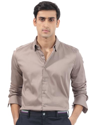 Image of Rare Rabbit Men Regular Fit Solid Beige Satin Long Sleeve Button Shirt