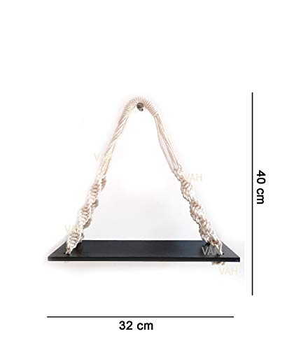 Image of VAH Wall Hanging Shelf, 1 Black Wood Floating Shelves for Wall Rustic Rope Shelves Plant Shelf Farmhouse Decor for Living Room Bathroom Bedroom Kitchen Apartment -Wood Hanging Shelf Bohemian