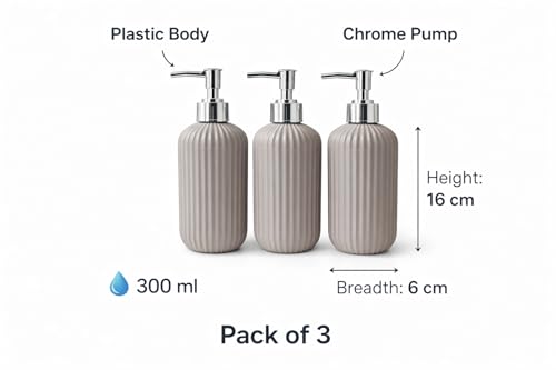 Image of LAGET 300ml Soap Dispenser for Wash Basin - Plane Ribbed Design | Kitchen and Bathroom Accessories Items | Refillable Handwash Dispenser Bottle- Set of 3 (Grey)