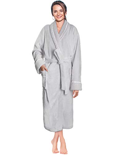 Deluxe Women Fleece Robe with Satin Trim | Luxurious Plush Spa Bathrobe Waffle