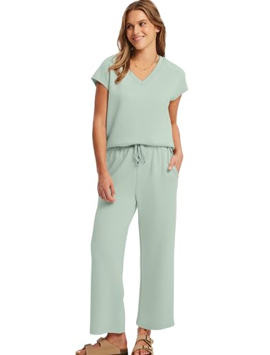 Image of Saloogoe Two Piece Sets for Women Summer Outfits Lounge Sets V Neck Tops Wide Leg Pants Woman Vacation Travel Outfits