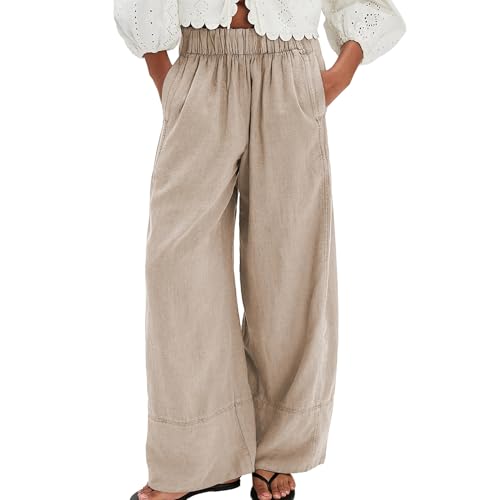 Duyang Womens Cotton Linen Pants High Waist Casual Wide Leg Pant Summer Vacation Outfits Flowy Beach Trousers with Pockets