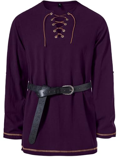 Image of JEMITOP Men's Pure Cotton Vintage Lace Up Shirts for Pirate Renaissance Viking Medieval Costume Without Belt