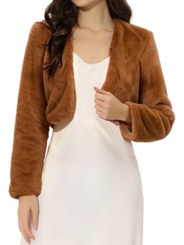 Veste courte en fausse fourrure marron sans col Allegra K pour femme