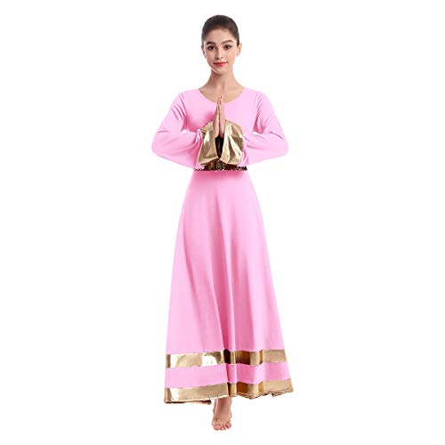 Women Metallic Gold Bell Long Sleeve Dance Robe Praise Liturgical Dress Full Length Loose Fit Worship Costume w/Sequin Elastic Belt Waistband Swing Gown Tunic Dancewear Set Pink+Gold XL