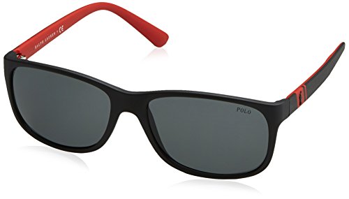 Polo Ralph Lauren Mens PH4109 Rectangular Sunglasses, Matte Black on Red/Grey, 59 mm
