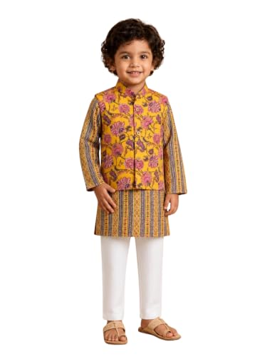 Image of The Mom Store Boys Printed Cotton Kurta Pajama Set With Jacket | Soft And Comfortable Ethnic Wear For Baby /Kids Boys | Full Sleeves Kurta Pyjama Set | Traditional Indian Outfit