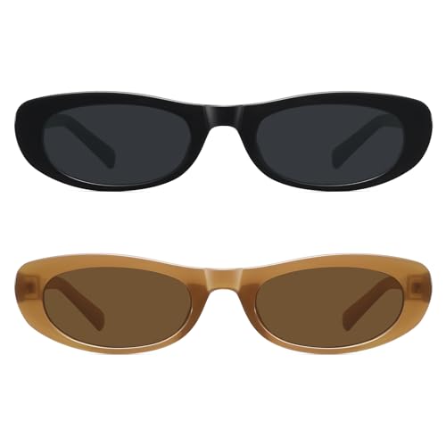 STORYCOAST Narrow Retro Oval Sunglasses for Women Men Fashion Small Frame Sun Glasses 90s Vintage Style Black+Brown