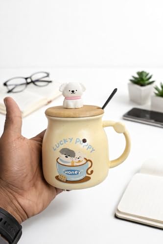Image of Coffee Mug, Gift for Woman, Birthday Present for Girlfriend, Present for Wife Birthday, Mugs for Present, Holi Gifts, Panda Mug with Lid & Spoon (Lucky Puppy)