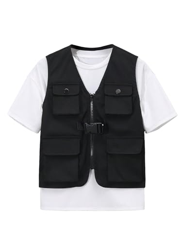 Verdusa Boy's Flap Pocket Zipper Up Sleeveless Casual Cargo Vest Jacket Outerwear