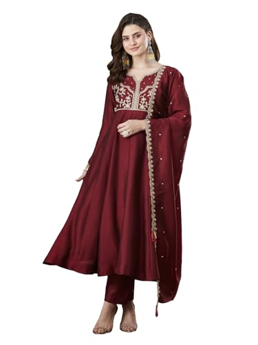 Image of MOKOSH Women's Silk Anarkali Kurta Pant with Dupatta | Anarkali Kurta Set | Embroidered | Ethnic Wear | Notch Neck Full Sleeve