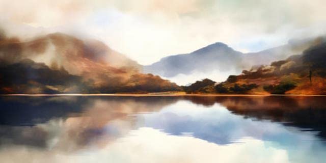 Tableau acrylique de lac et montagnes pour une chambre parentale zen