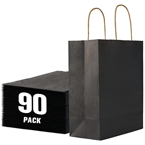 90 Pack | Paper Gift Bags with Handles Bulk, 8x4.5x10.8 Inch Large Black Kraft Paper Bags, Paper Shopping Bags, Party Favor Bags, Birthday Gift Bags for Restaurant, Takeout, Business Cover