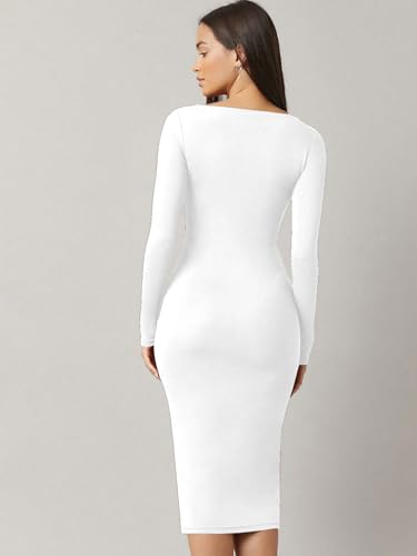 Image of Aahwan White Solid Square Neck Solid Midi Bodycon Dress for Women's & Girl's