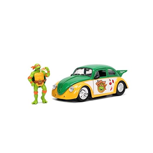 Teenage Mutant Ninja Turtles 1:24 1959 Volkswagen Drag Beetle Die Cast Car & 2.75 pulgadas Michelangelo Figura, juguetes para niños y adultos