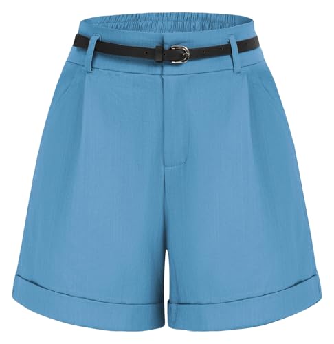 Image of Belle Poque Women Bermuda Shorts Elastic Waist Wide Leg Shorts with Pockets & Belts