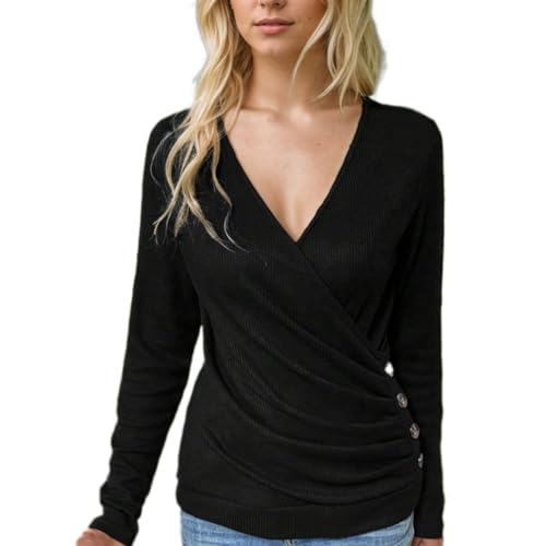 EMOTTOS Mujer Jersey de Cable Knitted, Jersey Punto de Mujer con Botones Laterales, Camiseta Sexy con Cuello en V, Camiseta de Punto Suave para el Invierno Otoño, Negro, S