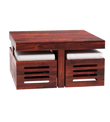 Image of Coffee Table with 4 Stools, Walnut Finish | Sheesham Wood, For Living Room, Wooden Center Teapoy Table
