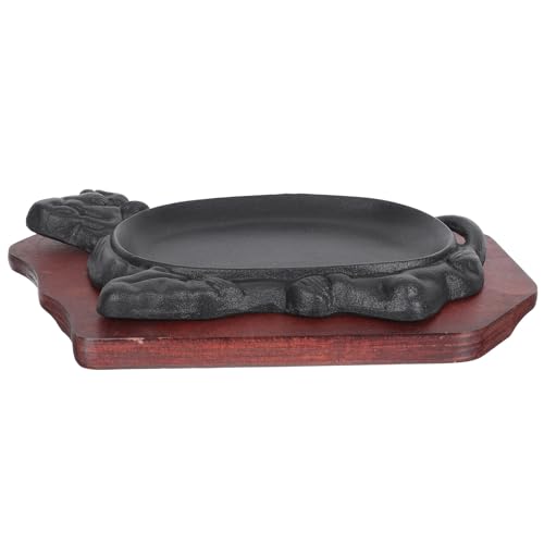 BAZEITFLOW Piastra Teppanyaki in Ghisa Antiaderente Vassoio in Legno 21x14 Cm, Piatto da Bistecca e Padella per Grigliare Pesce, Accessorio Cucina per Ristorazione e Intrattenimento