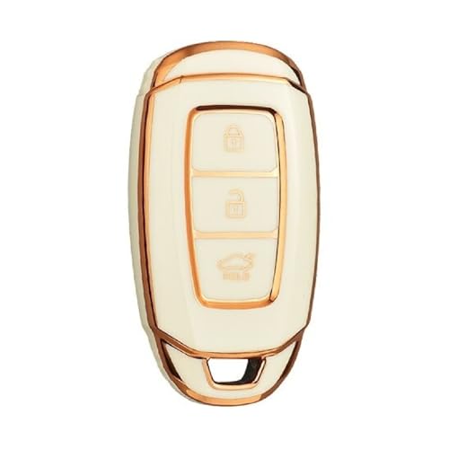 Image of JVCV Gold Border TPU Key Cover Compatible with Hyundai Verna Push Button Start Car Key - Glossy Protective Smart Key Case (White)