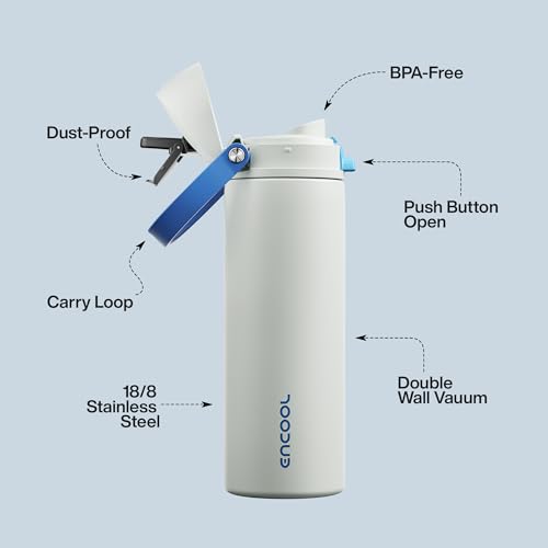 Image of Insulated Water Bottle with Straw - Encool Stainless Steel Water Bottle with Push Button Lid, Leak-Proof & BPA-Free, Keeps Cold for 24 Hours for Sports, Travel, Gym (24 oz, Quill Grey-Blue)