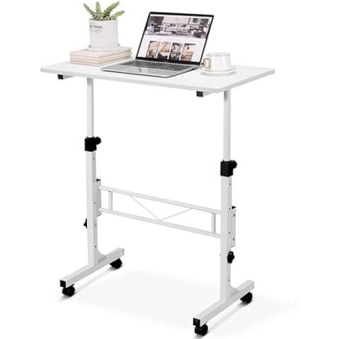 KLSMYHOKI Small Standing Desk Adjustable Height, Mobile Sit Stand up Desk Portable Rolling Desk with Wheels Standing Desk for Walking pad Treadmill White Cover
