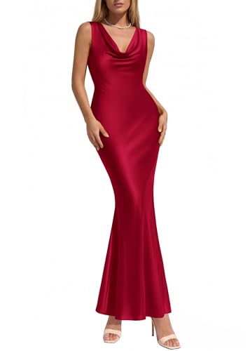 KIRUNDO Womens Summer Cowl Neck Sleeveless Satin Maxi Dress Elegant Bodycon Cocktail Wedding Guest Party Long Dresses(Red Large)