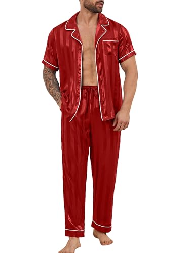 DEARCASE Mens Satin Silky Pajama Set Short Sleeve Soft Sleepwear Button Down Loungewear Long Pants with Pockets