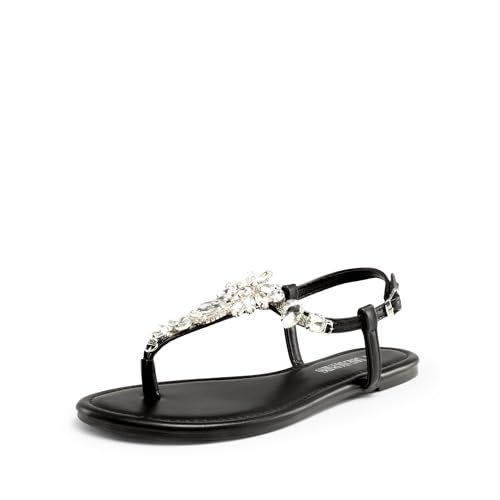 Image of DREAM PAIRS Women's Rhinestone Flat Sandals | Thong Sparkle Dressy Comfortable Adjustable Ankle Strap Sandals for Summer Beach Vacations Wedding Holiday Party