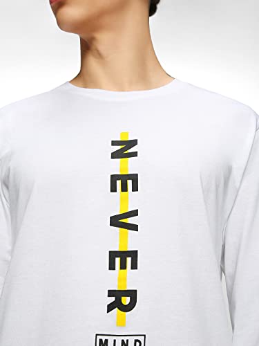 Image of Bewakoof Men's Never Mind Stripe Printed 100% Cotton T-Shirt - Regular Fit, Round Neck, Full Sleeves