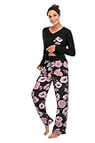 Famulily Pijama suave y cómodo compuesto por una camiseta de manga larga y pantalones anchos para mujer, para dormir y quedarse en casa, estampado floral, malva, XL