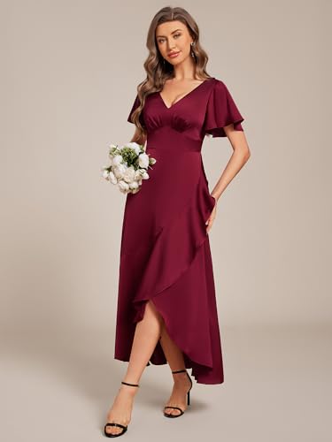 Image of Ever-Pretty Women's V Neck Satin Short Sleeves Ruffle Hi-Lo Midi Bridesmaid Dress 02336