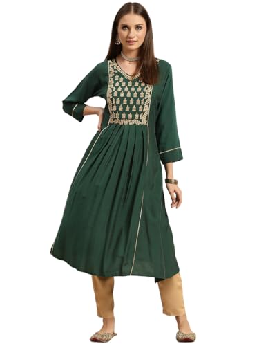 Image of rangita Green Viscose Blend Calf Length Embroidered Flared Kurti for Women | Kurta for Women