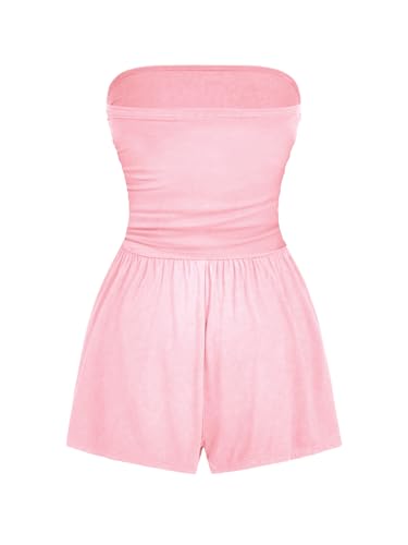 Image of AUXDIO Women Summer Casual Strapless Romper Sleeveless Off Shoulder Short Jumpsuits 2026 Beach Vacation Clothes