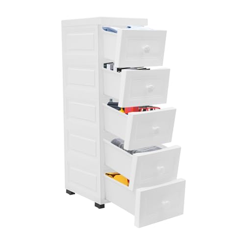 Rollwagen mit Schubladen | Kunststoff Rollcontainer Weiss | Badrollwagen | Anti-Rutsch-Schnalle | Weiß Schubladenschrank mit Rollen | Schubladenwagen für Bad Küche Büro Wohnzimmer