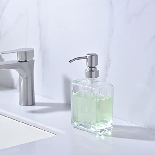 Image of Square Clear Glass Dish Soap Dispenser, Antique Design Refillable Hand Soap Dispenser with Rust Proof Stainless Steel Pump, 13.5 oz Lotion Dispenser for Bathroom Vanity, Kitchen Countertop