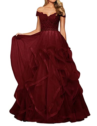 Damen Abendkleid Spitzen Lang Ballkleid Schulterfrei A-Linie Prinzessin...