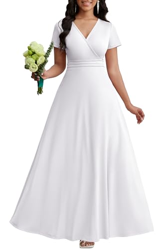 CLOCOR Maxi Dress for Women Long Formal Short Sleeve A Line V Neck Dresses Wedding Guest High Waist Elegant
