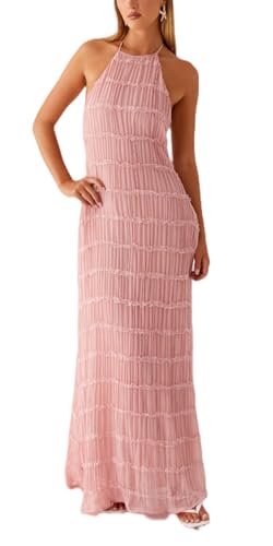 Image of Women Summer Halter Neck Maxi Dress Flowy Ruffle Tiered Sleeveless Sundress Boho Backless Spaghetti Strap Long Dress