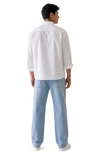 Image of SCRTCH White Boxy Fit Linen Shirt for Men | Full Sleeve Button Down Breathable Linen Fabric Relaxed Oversized Silhouette | Contemporary Street Style Shirt